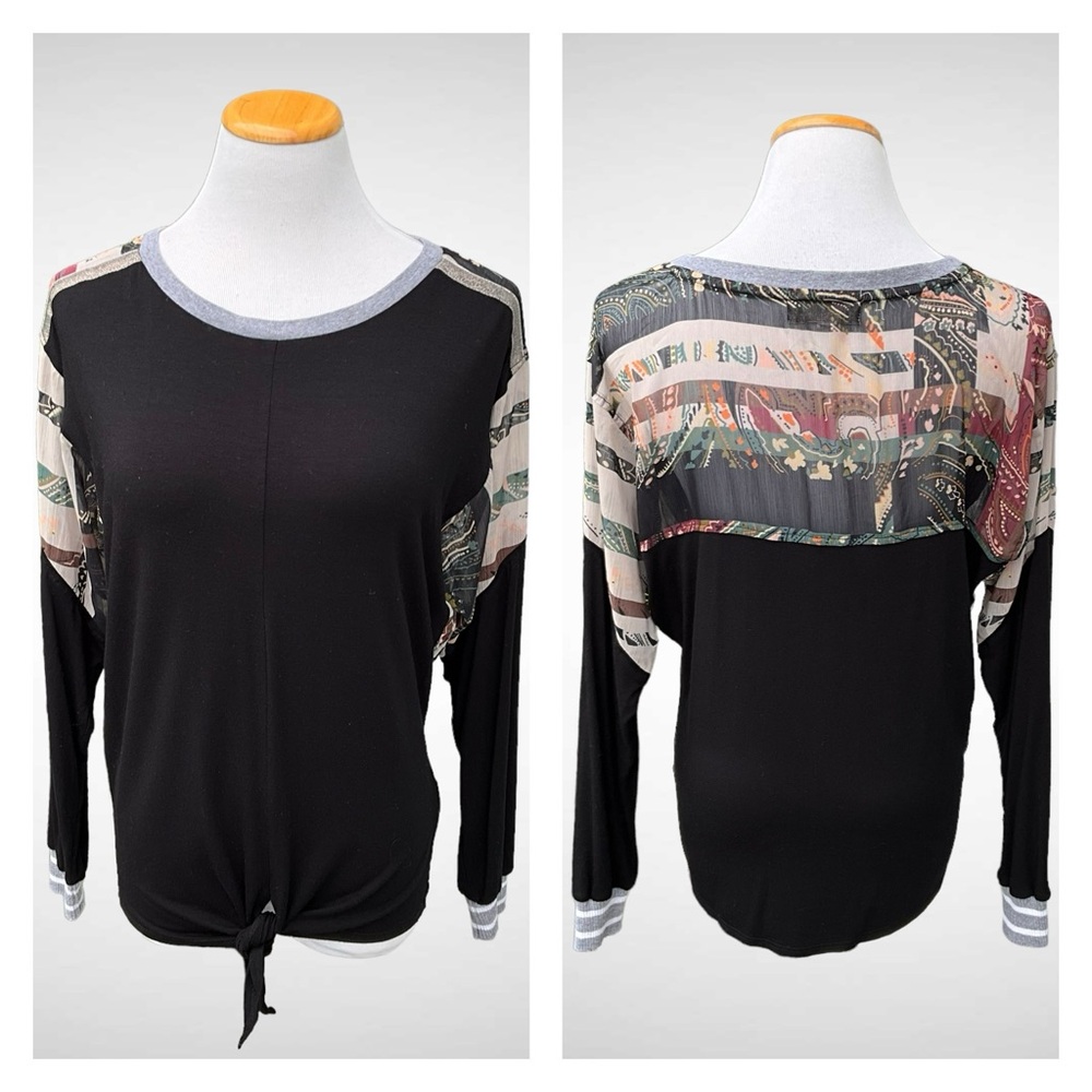 Anthropologie TINY Black Pullover Top Shoulder Design Tie Front Long Sle…